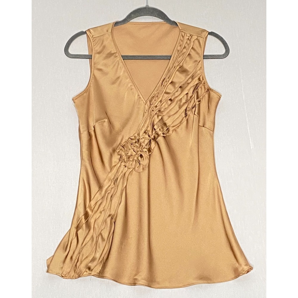 💎Satiny Blouse Womens Large Tan V-Neck Sleeveless Diagonal Ruffles